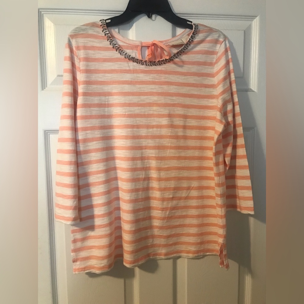 Chicos Embellished Striped 3 Quarter Sleeve Top Womens Large Peach/White